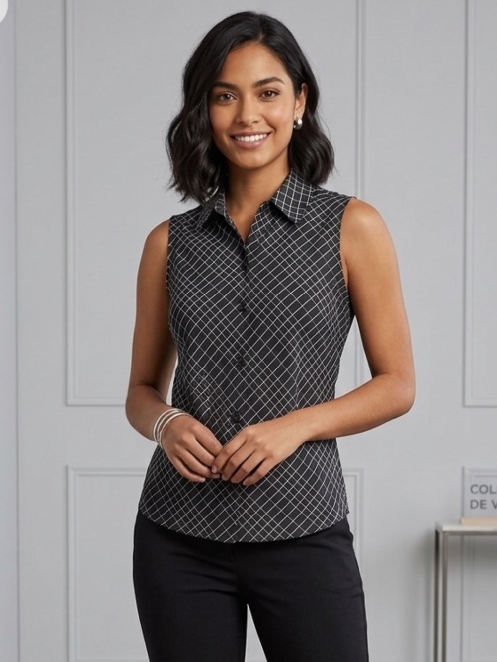 Anne Klein 2 RARE SAMPLE Sleeveless Button Up Top Black White Grid Windowpane 2